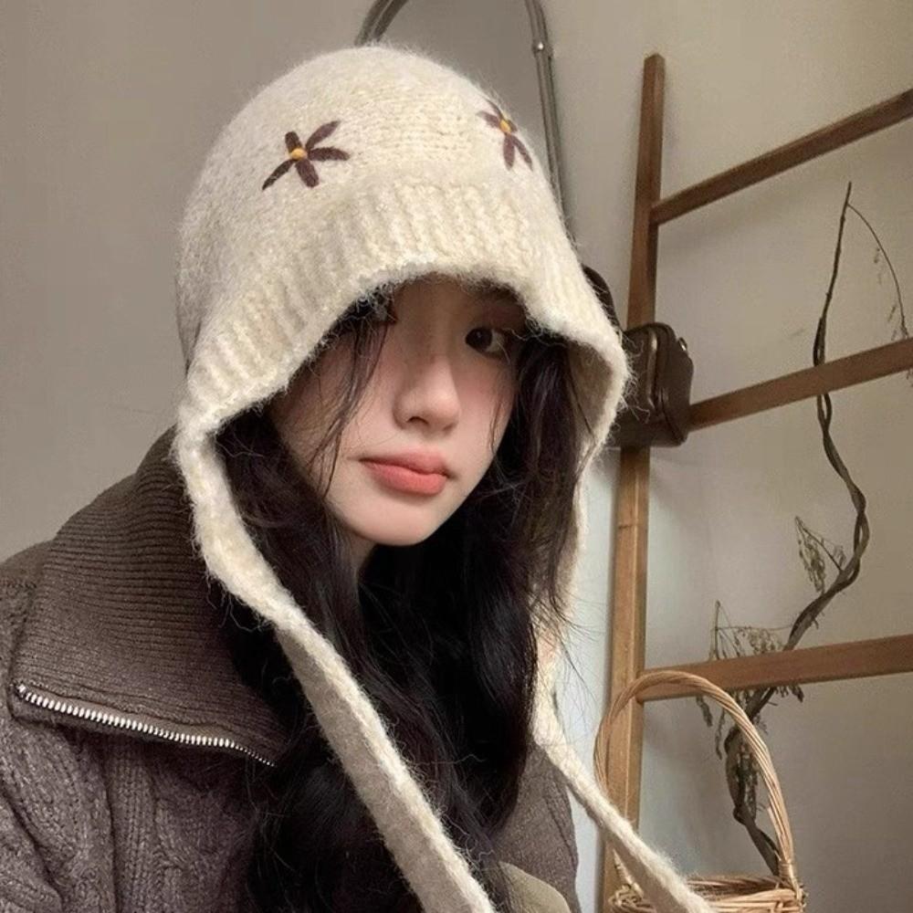 Embroidered Flowers Knitted Balaclava Hat Sweet Pullover Cap Casual Neck Collar Beanies Cap Female