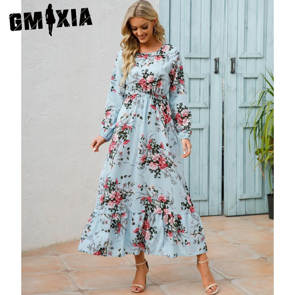 GMXIA Весна Лето Богемный Женское Макси Платье Повседневный Длинный Рукав Высокая Талия Пляжное Платье Женские Цветочные Шифоновые Платья Vestidoes Mujer Новинка