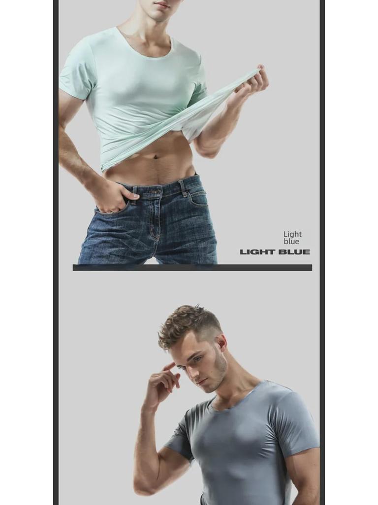 Мужская летняя бесшовная белая футболка с короткими рукавами из шелка Ice Silk