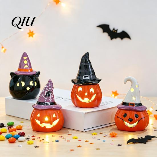 Ceramic Ghost Pumpkin Light Halloween Tealight Holder, Lighted Figurine with Hand Painted Night Witch Hat, Tiered Tray Tabletop Decor for Party