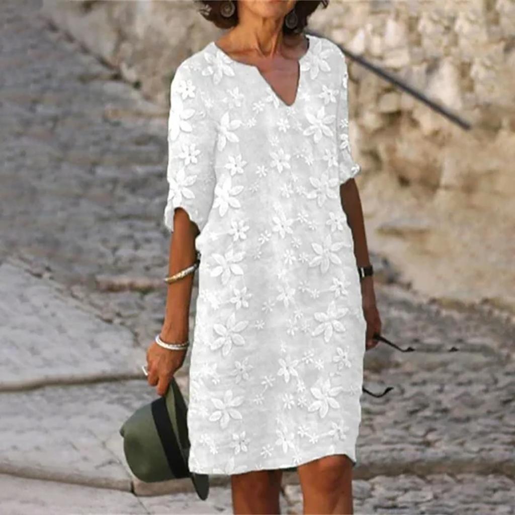 Женское свободное облегающее и модное однотонное сетчатое платье с вышивкой и v-образным вырезом и рукавами 5/4