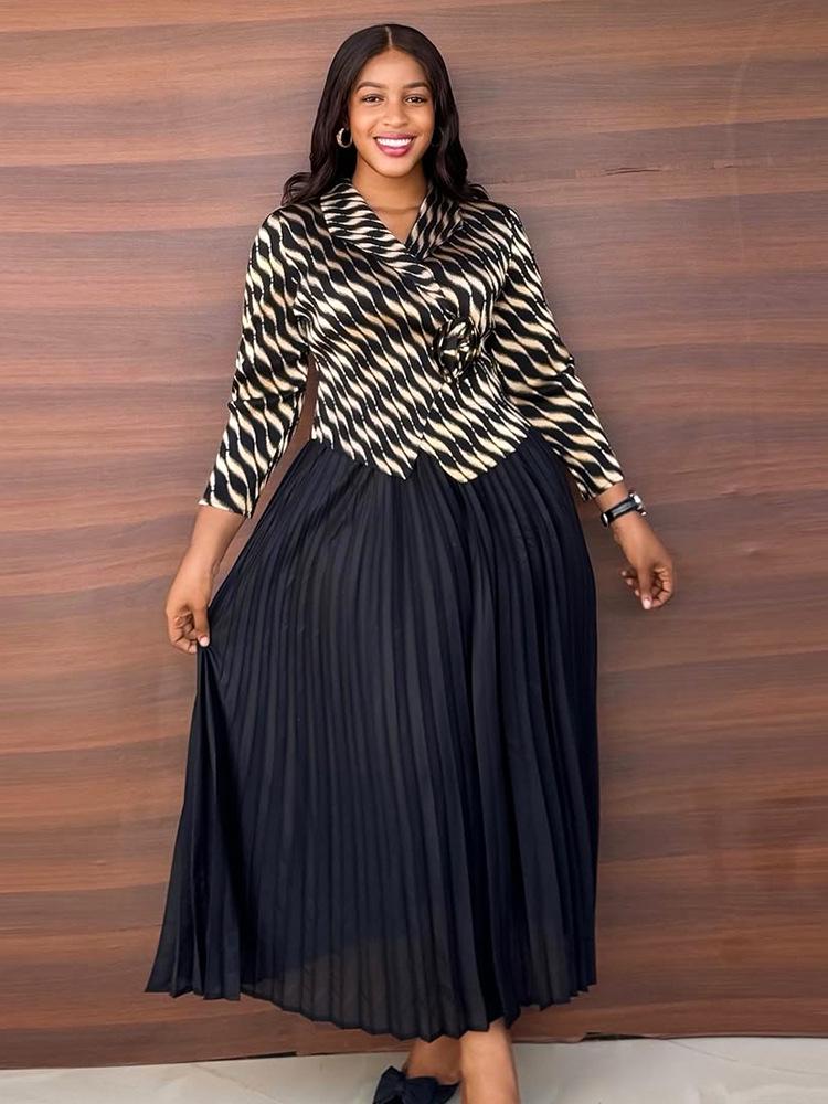 Женское платье большого размера с плиссировкой и принтом золотой фольгой высокого класса, с длинной юбкой, имитирующей двойку - Повседневный стиль