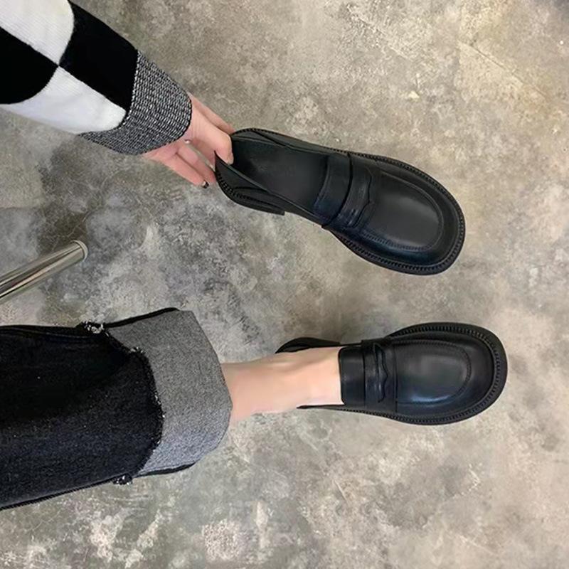 Супермягкие кожаные туфли женские, новые, корейские, на толстом каблуке, ретро, британский стиль, одна педаль, две носки