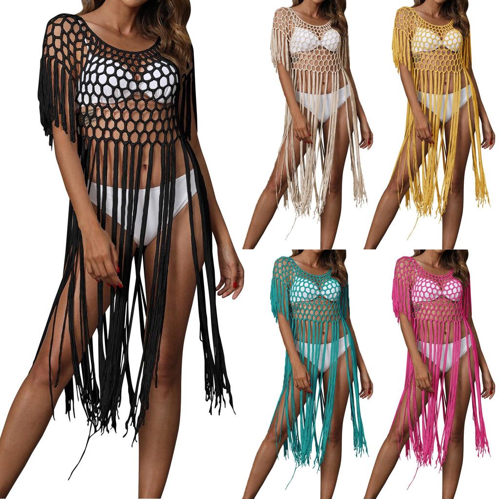 Women's Beach Cover-up Sexy Hollow Fringed Patchwork Bikini Solid Color Cover-up