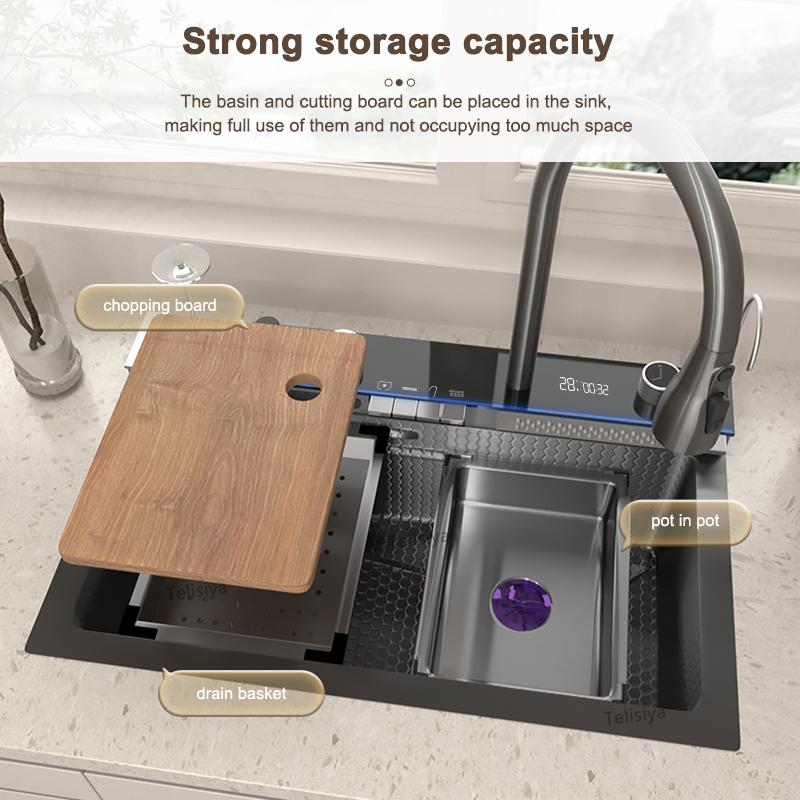 Двойная раковина-водопад, кухонная раковина из нержавеющей стали с тиснением, большая раковина с одним слотом, окружающее освещение, цифровой дисплей, умывальник
