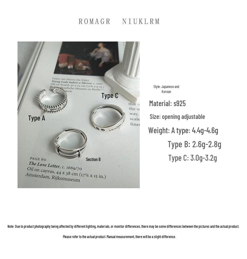 Yinruitai Ретро Кольцо из стерлингового серебра 925 пробы с регулируемым состаренным письмом для женщин - Нишевый дизайн, украшение на указательный палец