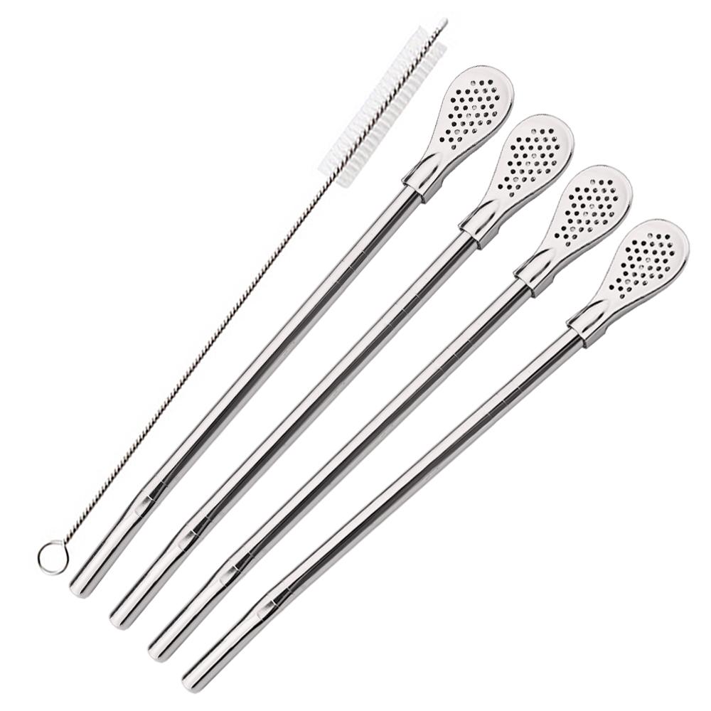 5Pcs/Set Silver Stainless Steel Drinking Straws Washable Reusable Yerba Mate Spoon Filter Straw for Cocktail Bar Accessories