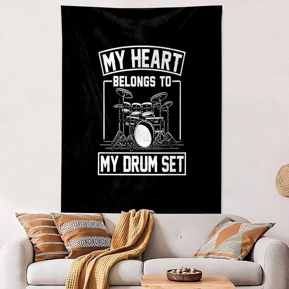 "My Heart Belongs to My Drum Set" Patterned Tapestry Decorative Wall Hanging, Home Bedroom Living Room Decor