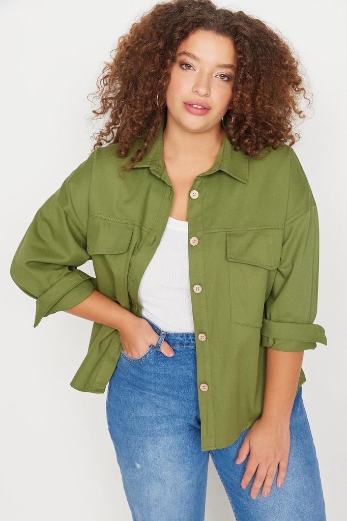 Women's Style Plus Size Shirt Khaki Color Pocket Detailed Shirt