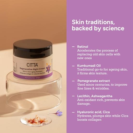CITTA Регенерирующий ночной крем | Крем против старения с ретинолом, кумкумади и ашвагандой для всех типов кожи | Для мужчин и женщин | 50 г