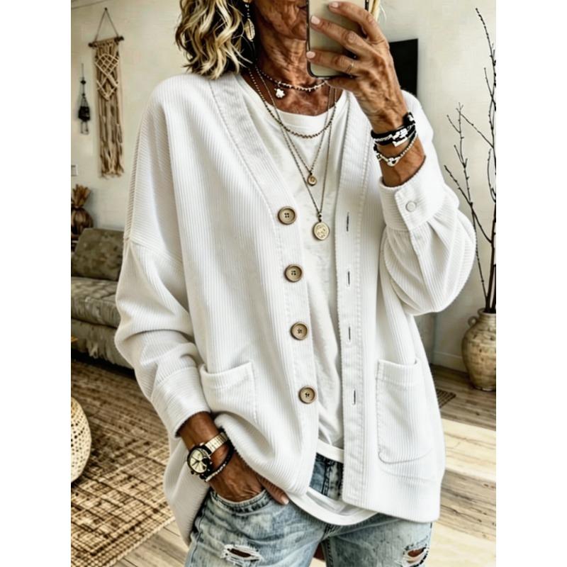 Women S Autumn Lazy Style Corduroy V Neck Loose Single Breasted Pocket Cardigan Coat
