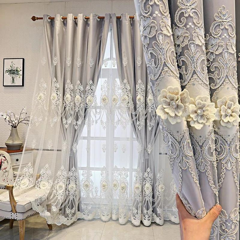 Curtain European Style Double-layer Thickened Curtain Shading Yarn Living Room Bedroom Home Embroidered Double-opening Sunshade Curtain Rod