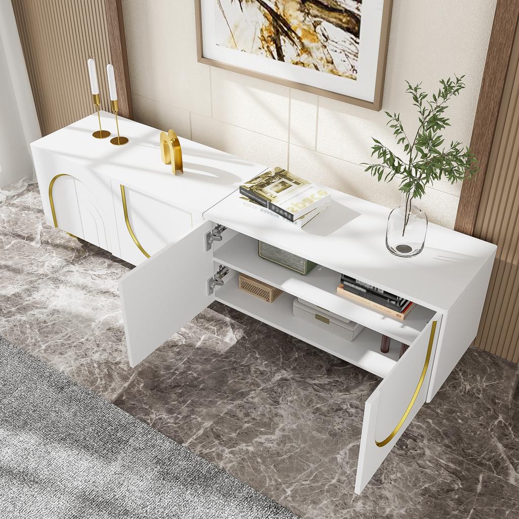 TV Cabinet, Lowboard with Structured Doors, TV Furniture with Drawers, Open Compartments, Golden Handles and Golden Feet.[OLD SKU: WF530901902WAA]