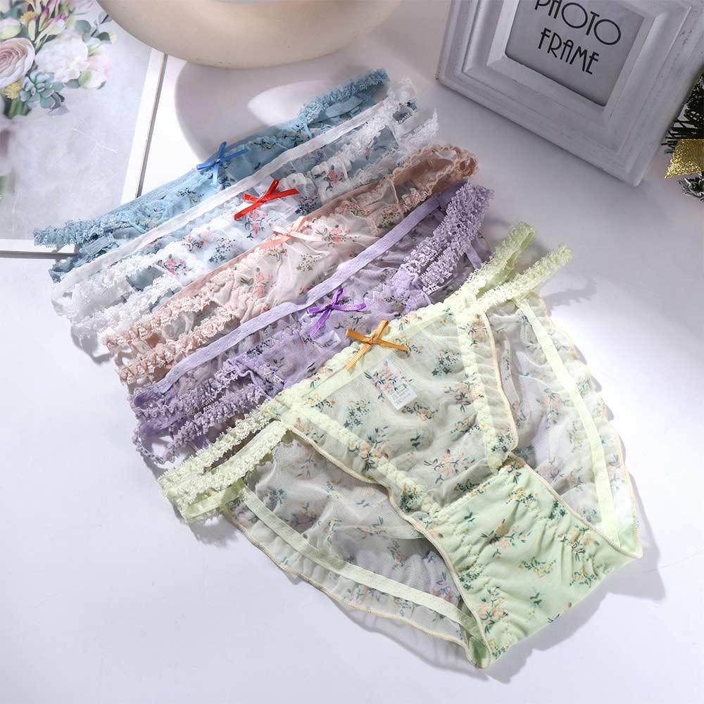Sexy Sweet Bow Women Transparent Froal Mesh Panties Lingerie Lace Briefs Flower Underwear