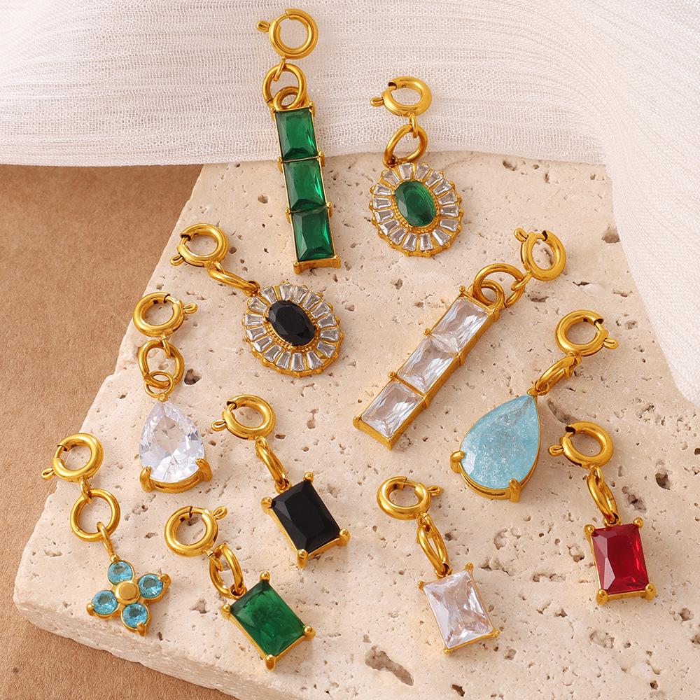 Light Luxury Geometric Square Color Zircon Jewelry Clasp Pendant, 18K Gold Plated Stainless Steel DIY Charm
