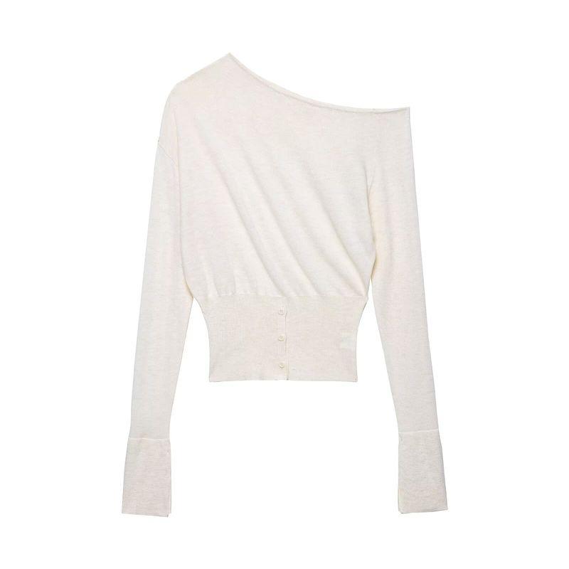 Kaslead New Women Clothes Western Style Fashion Slimming Versatile Sloping Shoulder off-Neck Split Sweater
