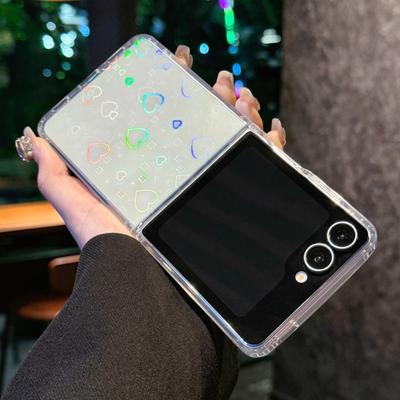 Holographic Laser Love Heart Clear Phone Case For Samsung Galaxy Z Flip 7 FE 6 5 4 3 Hard Clear Cover For Samsung Z Flip7 Flip6
