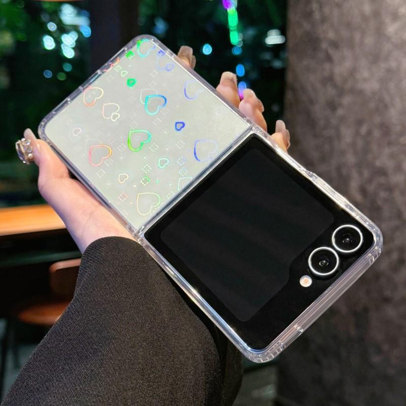 Holographic Laser Love Heart Clear Phone Case For Samsung Galaxy Z Flip 7 FE 6 5 4 3 Hard Clear Cover For Samsung Z Flip7 Flip6