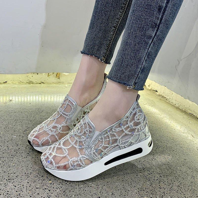 Female Wedge Shoes Sequin Mesh Breathable Shoes Women Gold Silver Platform Sneakers Women Height Increasing Wedges Shoes Casual