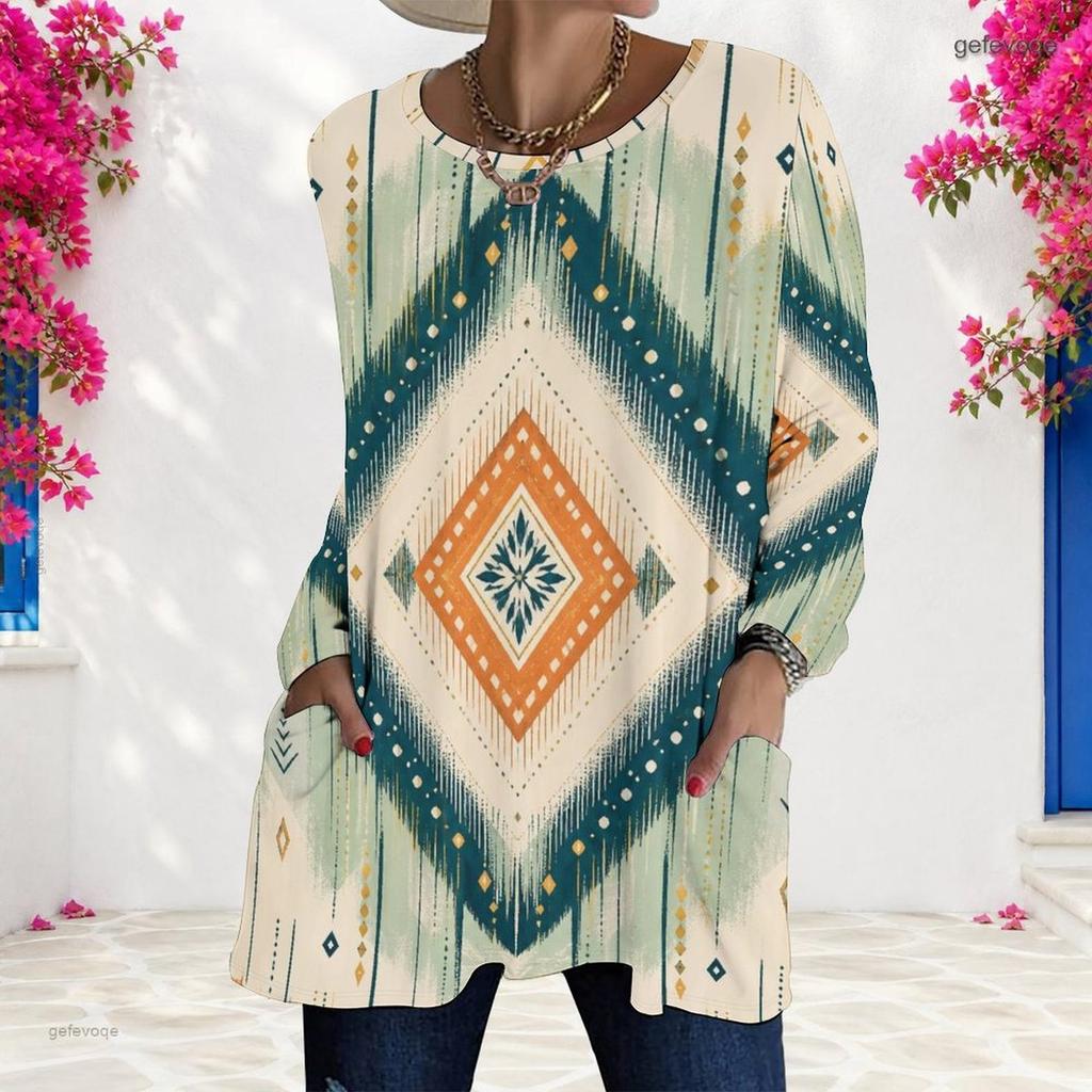 Women Plus Size Round Neck Long Sleeve Abstract Printed Loose Fit Longline T Shirt With Pockets