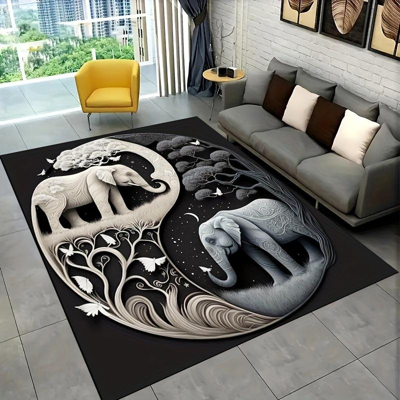 Bohemian Yin Yang Elephant Tree Bird Pattern Non-Slip Area Rug Soft Washable Carpet for Living Room Bedroom Home Decoration