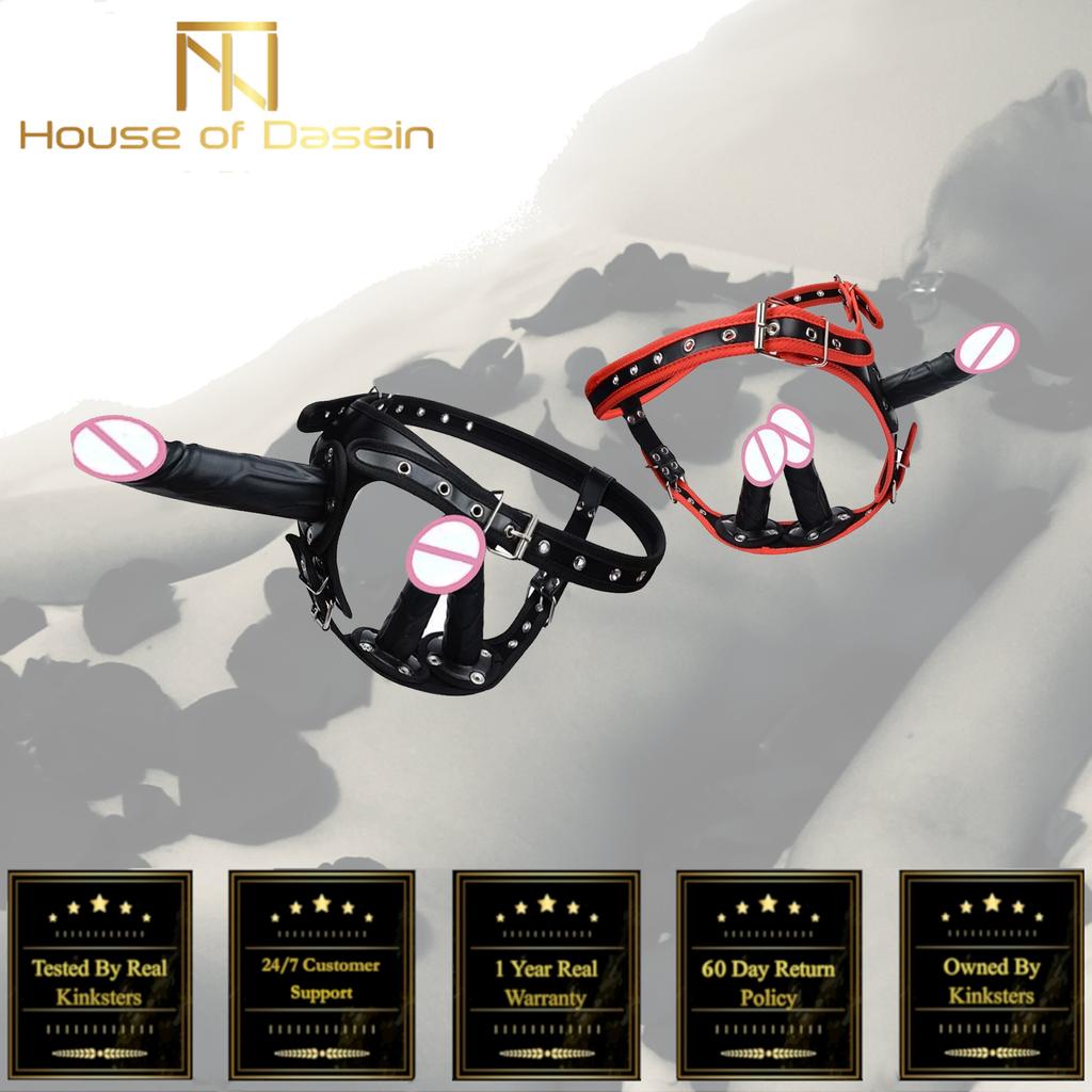 Big Fantasy Harness Triple Dildos Pegging Kit Red Black Strapon Strap Ons