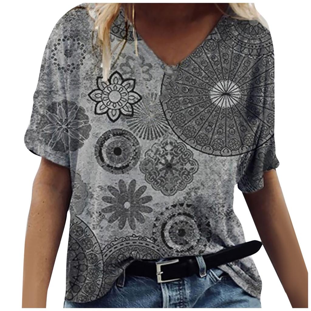 Women's Fashion Casual V-Neck Loose Comfortable Short Sleeve Print Tops Blouse