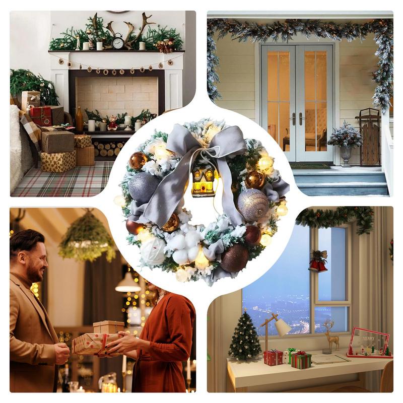 Рождественский снежный венок Искусственный рождественский венок на дверь с бантом Реалистичный венок ручной работы со светодиодной подсветкой Праздничный декор для спальни