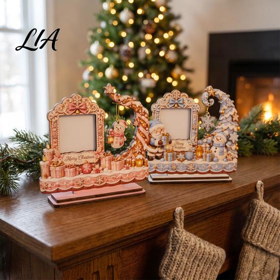 Family Memory Holder Christmas Wooden Photo Frame, 2D Picture with Santa Snowman & Tabletop Display Decor Snowflake Pendant, Frame for Home