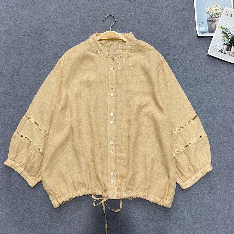Johnature Spring Autumn Women Japanese Vintage Short Shirts Casual Stand Collar Loose All Match Female Tops