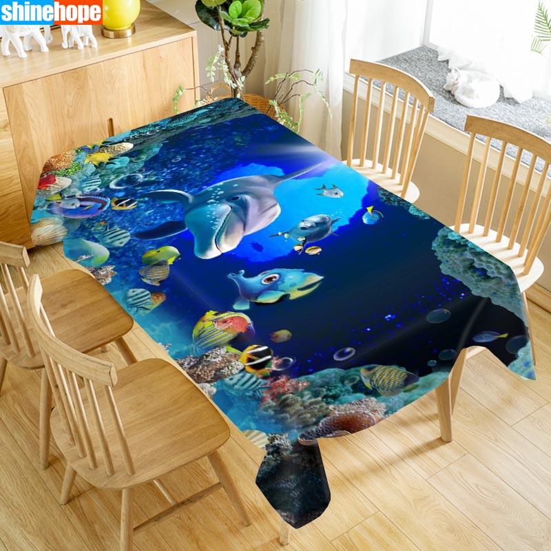3D скатерть «Подводный мир» Дельфины Акула Рождественские животные Пляж Моющаяся ткань Утолщенная Прямоугольная Свадебная скатерть