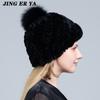 Вязаные шапки с помпоном для женщин, шапочки, однотонные эластичные шапки из меха кролика рекс, зимняя шапка Skullies, модные шапки из натурального меха