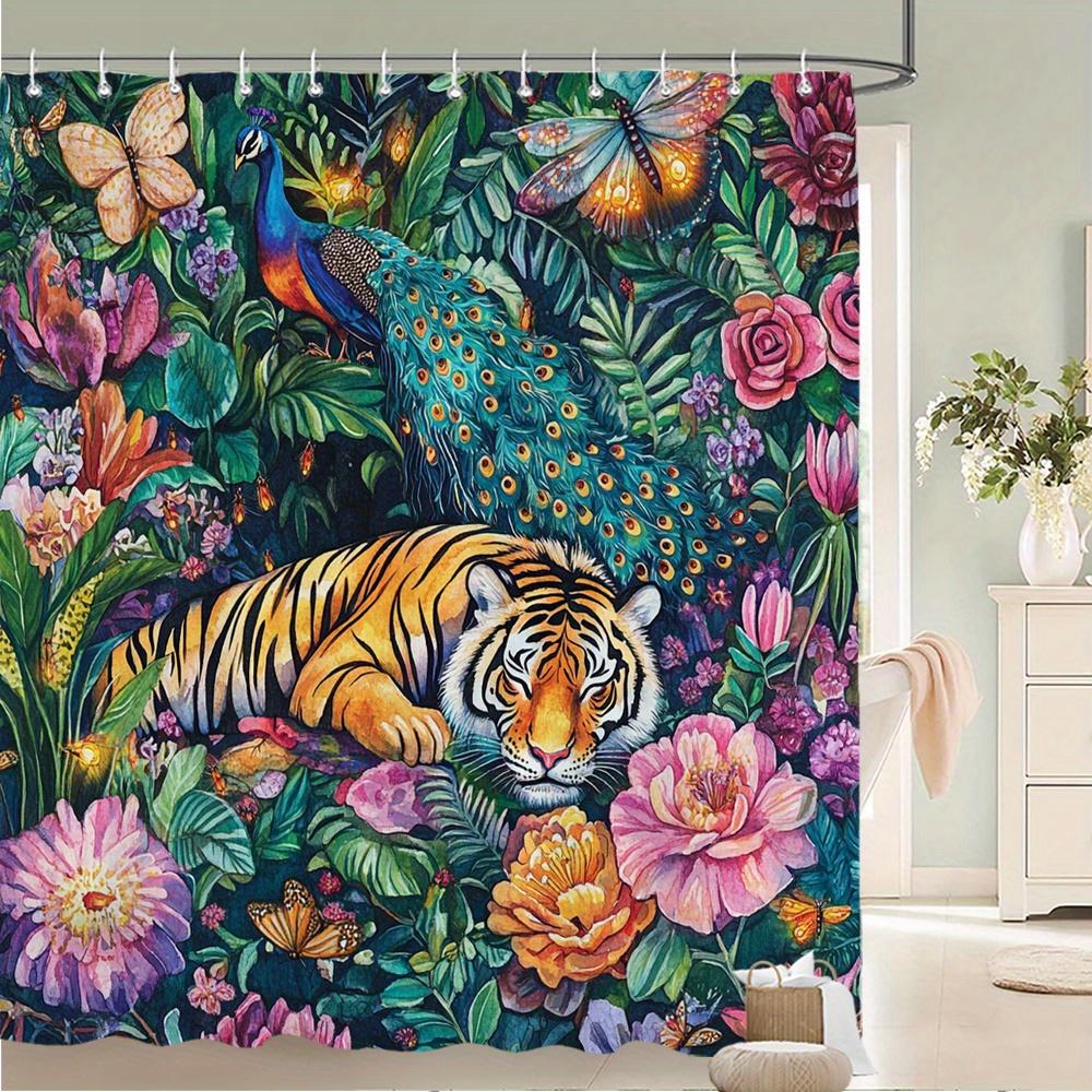 Экзотическая водонепроницаемая шторка для душа с защитой от плесени «Тигр и павлин» - Тропический цветочный дизайн для роскошного декора ванной комнаты