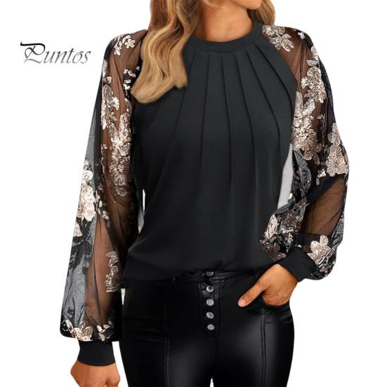 Женские топы с круглым вырезом, сетчатые, с ажурными буфами, с длинными рукавами, однотонные, универсальные, стильные, блузки