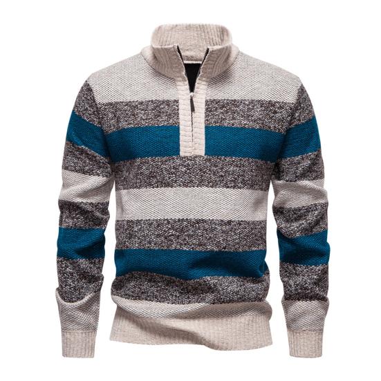 Men Knitted Sweater Color Block Zippered Half Turtleneck Pullover Tops Long Sleeve Half-Zipper Casual Pullover Tops