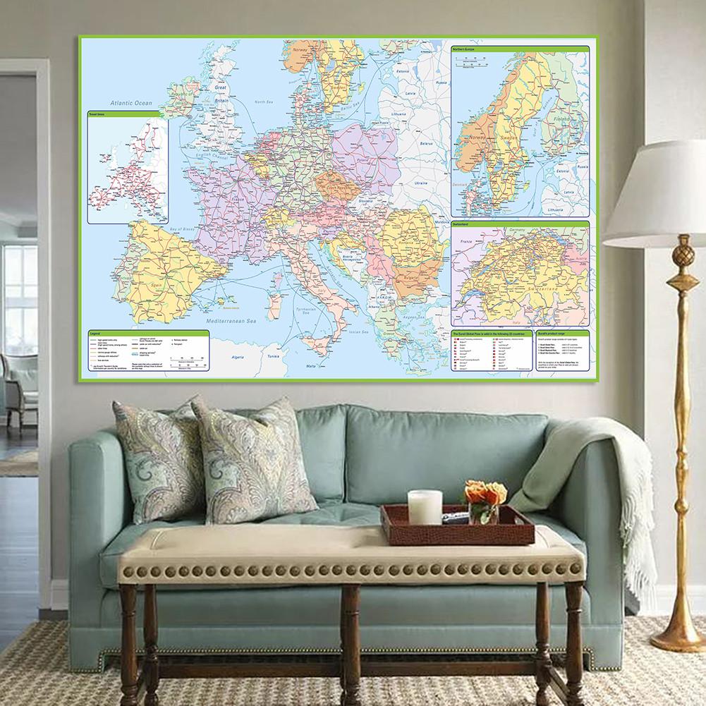 Europe Railway Network Map Poster - Detailed Continental Train Routes Wall Art Decor for Home Office, Educational Geography Map Paper Print