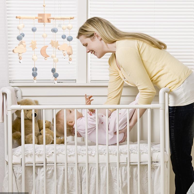 Baby Rattle Crib Mobile Toys 0 -12 Months Star Moon Wooden Bed Bell Musical Box Hairball Nordic Hanging Decor Accessories Gifts