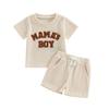 Baby Boy 2 Piece Waffle Outfits Round Neck Short Sleeve Letter Embroidery Tops + Elastic Waist Shorts Toddler Mother's Boy Set