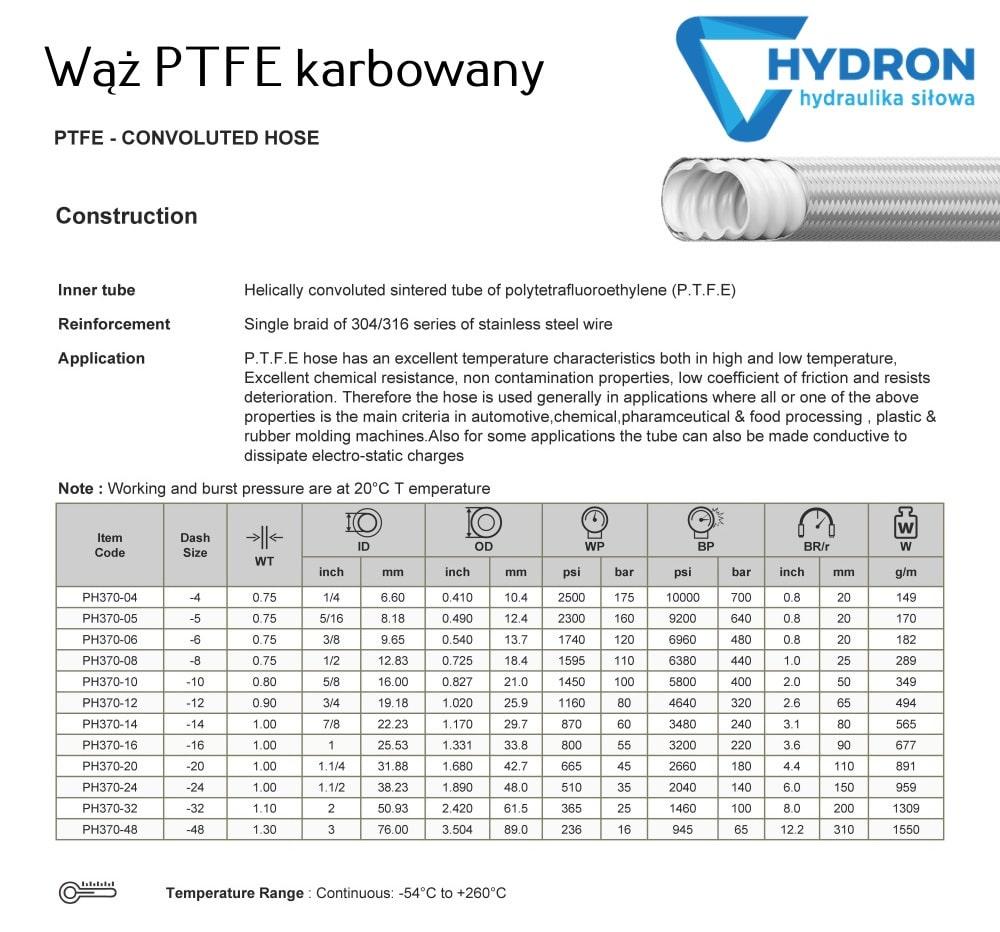 Wąż Ptfe Dn10 Karbowany (-60°C+260°C) 138Bar