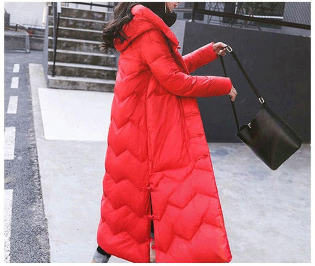 Women's Extra Long Retro Coat with Frog Button - New Version In White Duck Down, Chinese Ethnic Style