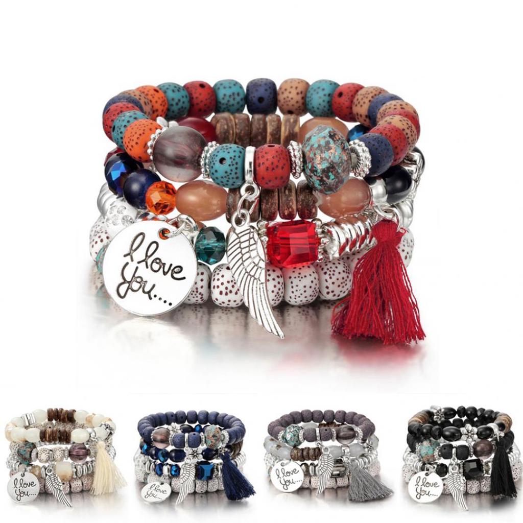 4Pcs/Set Bohemia Style Wing Beads Bracelet Women Bangle Jewelry Party Gift