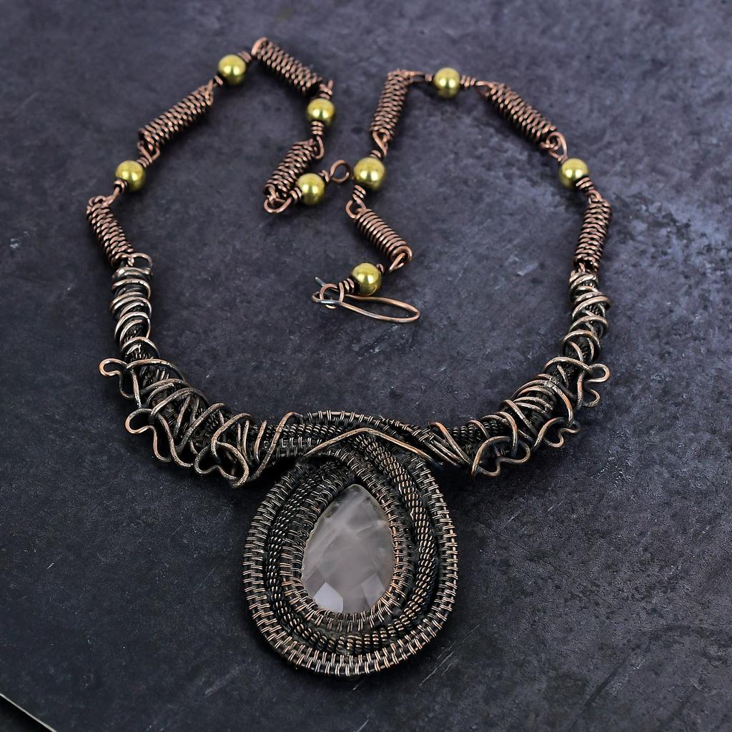 Rose Quartz Gemstone Handmade Copper Wire Wrap Jewelry Necklace 18" b0d34
