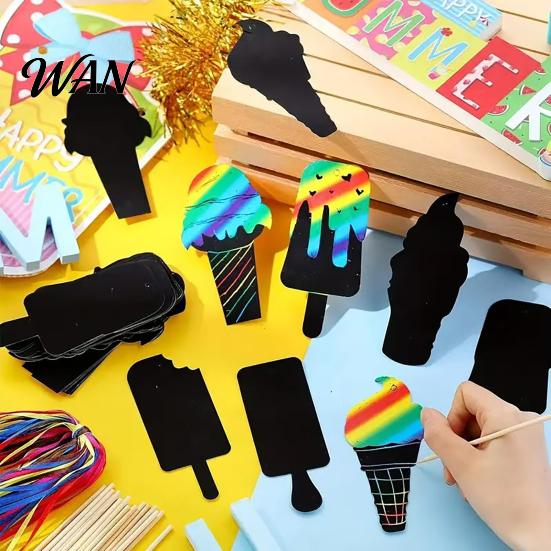 Educational Hands on Toys 12 Pcs Ice Cream Scratch Card, Rainbow Summer Sweet Dessert Card Kit with Kids Craft Activity Sticks And Ribbon, DIY