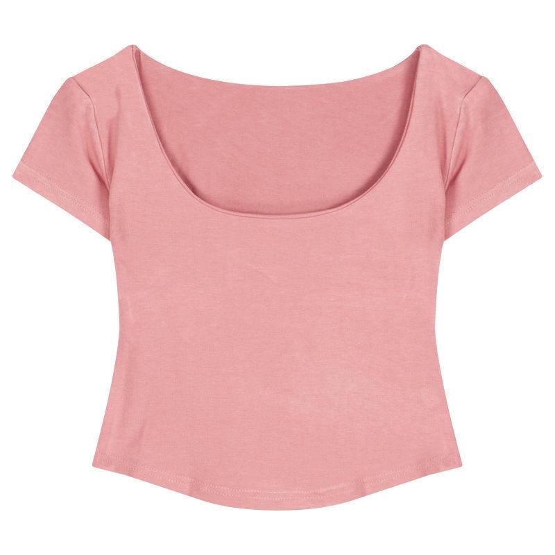 Pure Desire Square Neck with Chest Pad Short Sleeve T-Shirt Women's Summer Spice Girls Sexy Skinny Slim Short Top Bottom Shirt