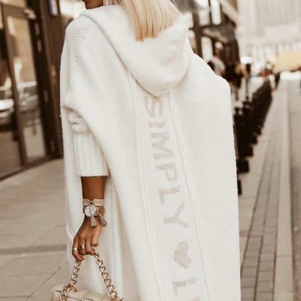 Осенне-зимнее новое свободное вязаное пальто-кардиган средней длины с капюшоном