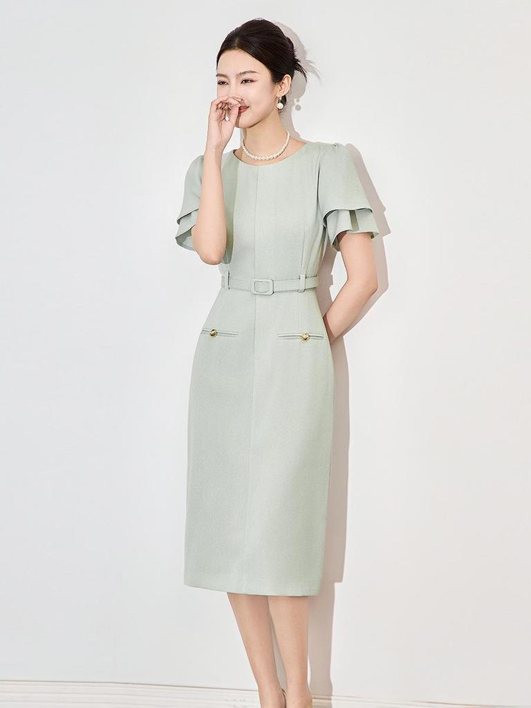 French-Inspired Waist-Cinching Ruffle Sleeve Dress