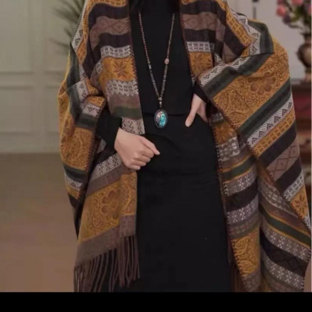 Autumn Winter Ethnic Style Shawl Imitation Cashmere Tassel Scarf Wraps Elegant Shawl Cape