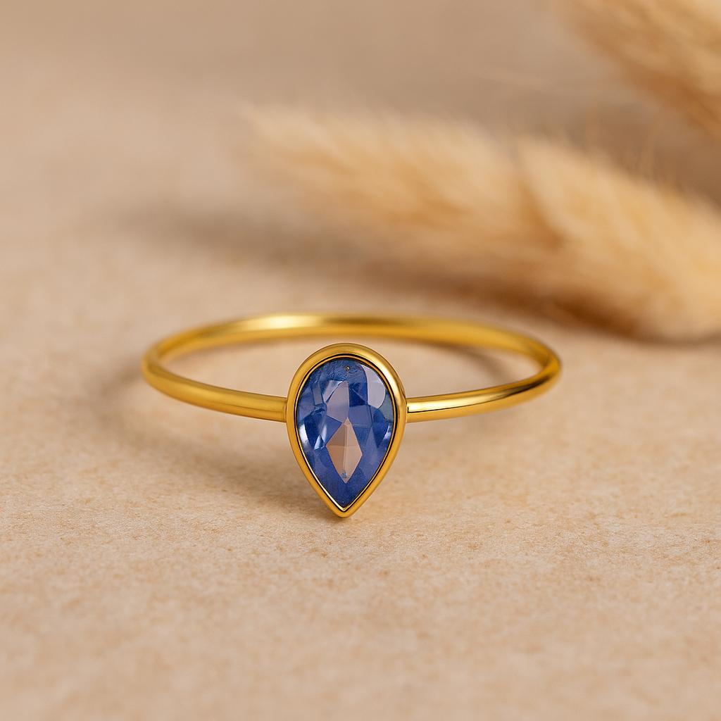 Blue Sapphire Teardrop Gold Plated Ring for Women – Elegant Gemstone Jewelry