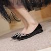 Лакированные туфли на низком каблуке с квадратным носком, женские туфли на круглом каблуке с бантом из стразов, темпераментные, фея, из овчины, плоские женские туфли