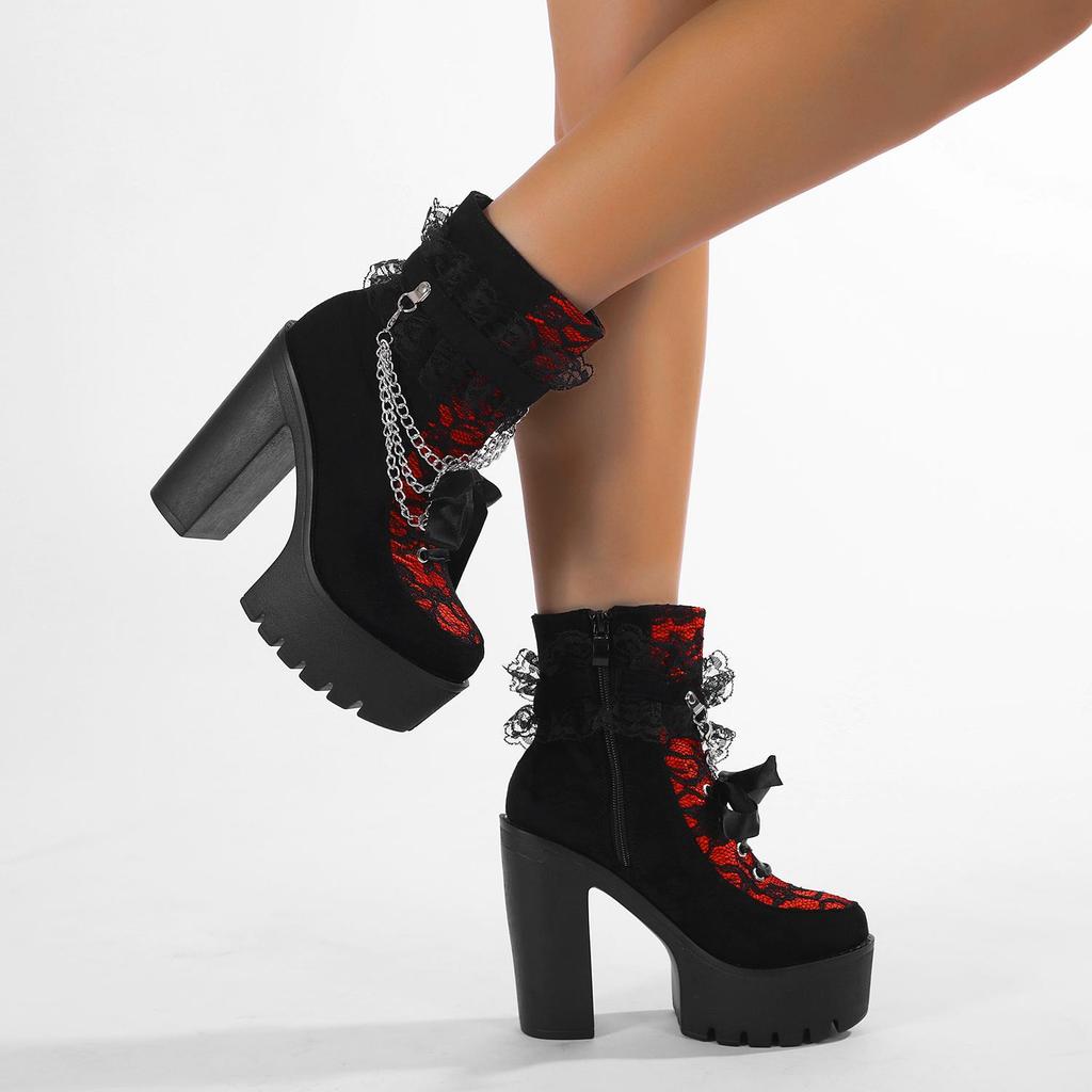 Gdgydh Vintage Gothic Lace Ankle Boots for Women Chunky Heel Side Zipper with Chain Detail Platform Goth Boots High Heels